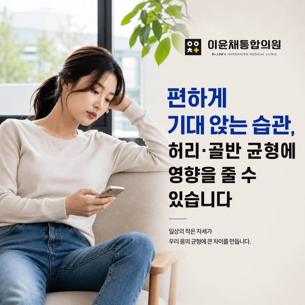 사수동 이윤채통합의원 한쪽으로 기대 앉는 습관과 허리 골반 균형 안내