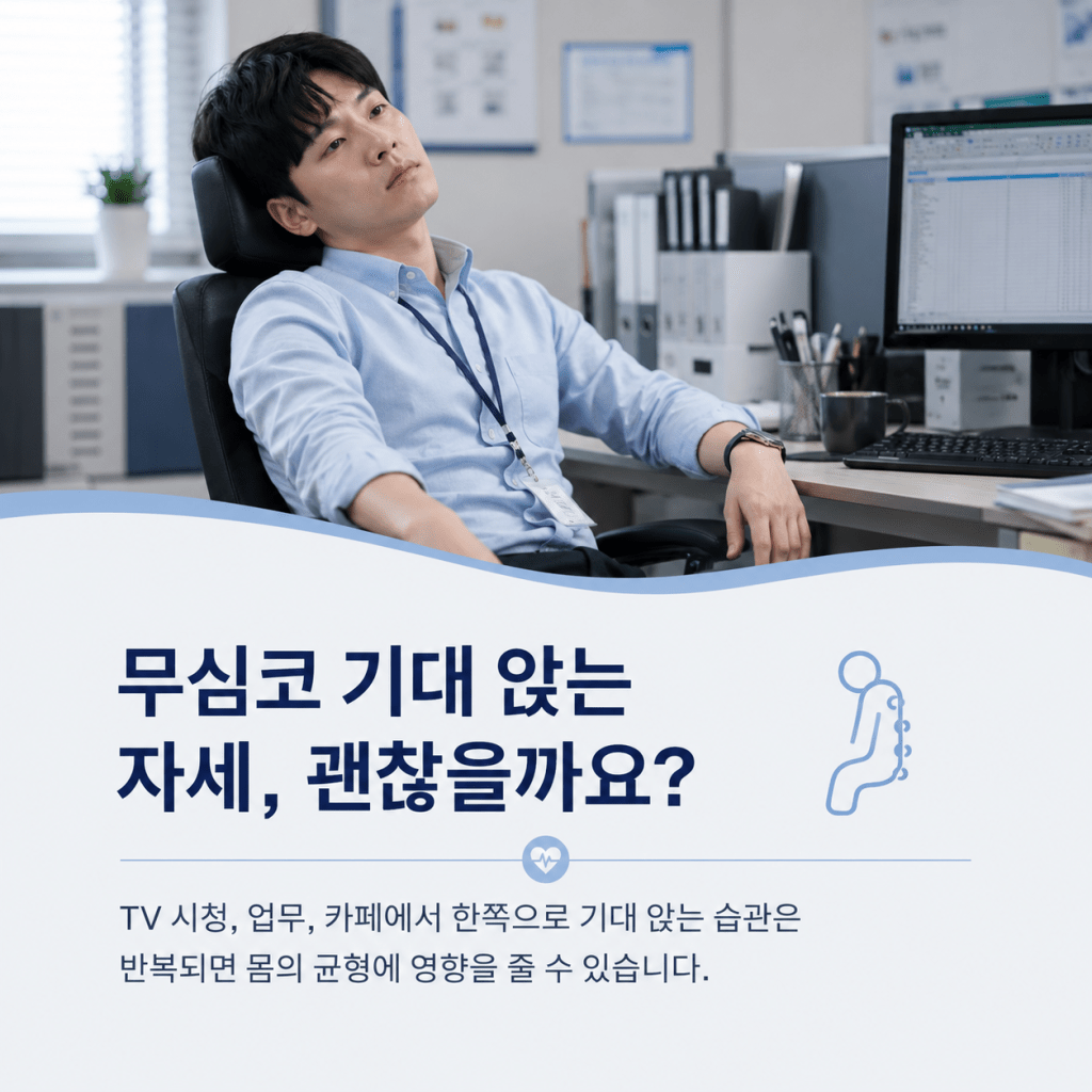 무심코 기대 앉는 자세가 몸의 균형에 영향을 줄 수 있음을 설명하는 이미지