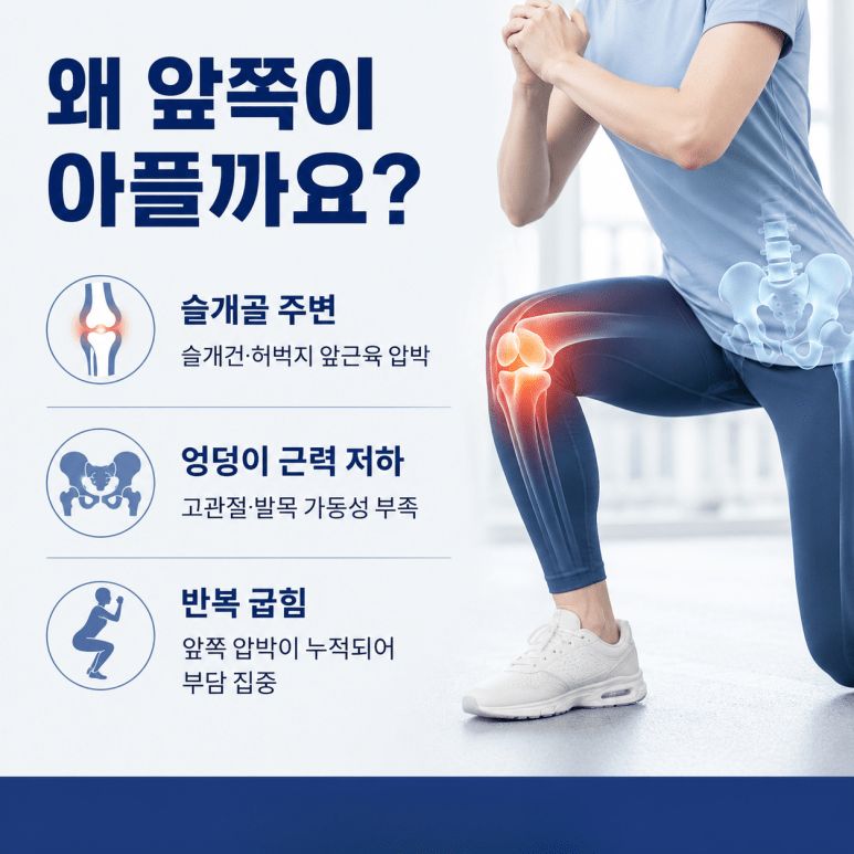 하체운동 후 무릎 앞쪽 통증이 생기는 원인을 설명하는 이미지