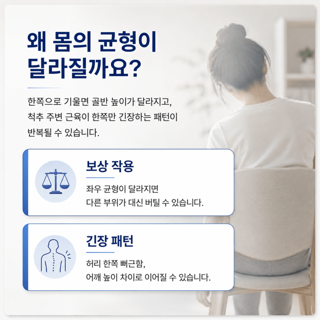 한쪽으로 기울어 앉을 때 골반 높이와 척추 주변 긴장 패턴이 달라질 수 있음을 설명하는 이미지