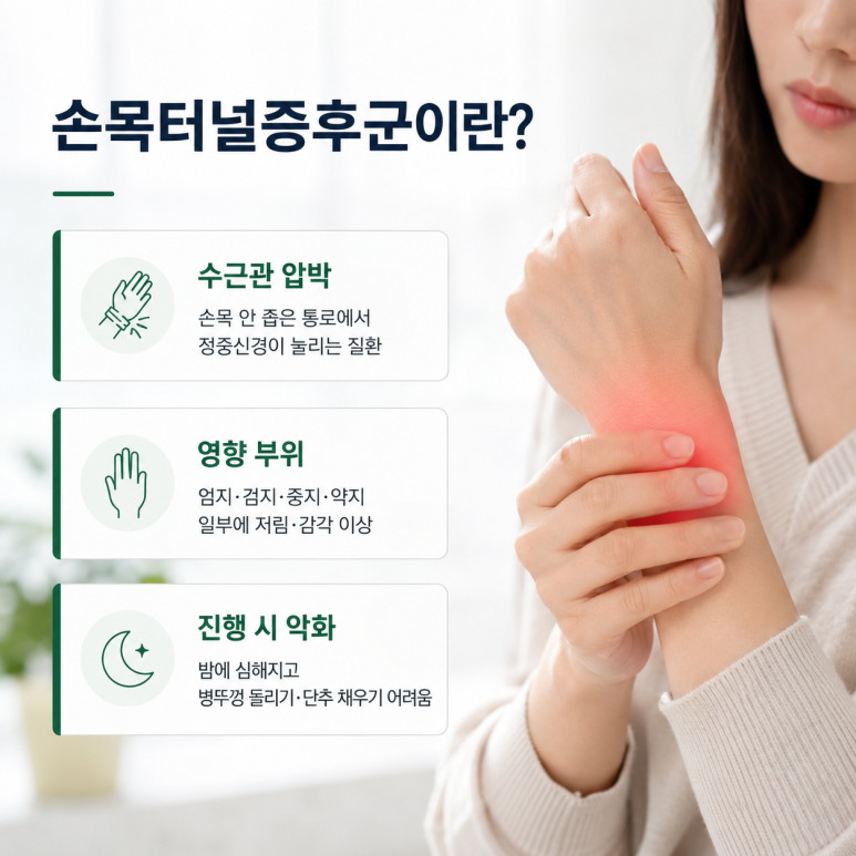 손목터널증후군의 수근관 압박과 저림 부위를 설명하는 이미지
