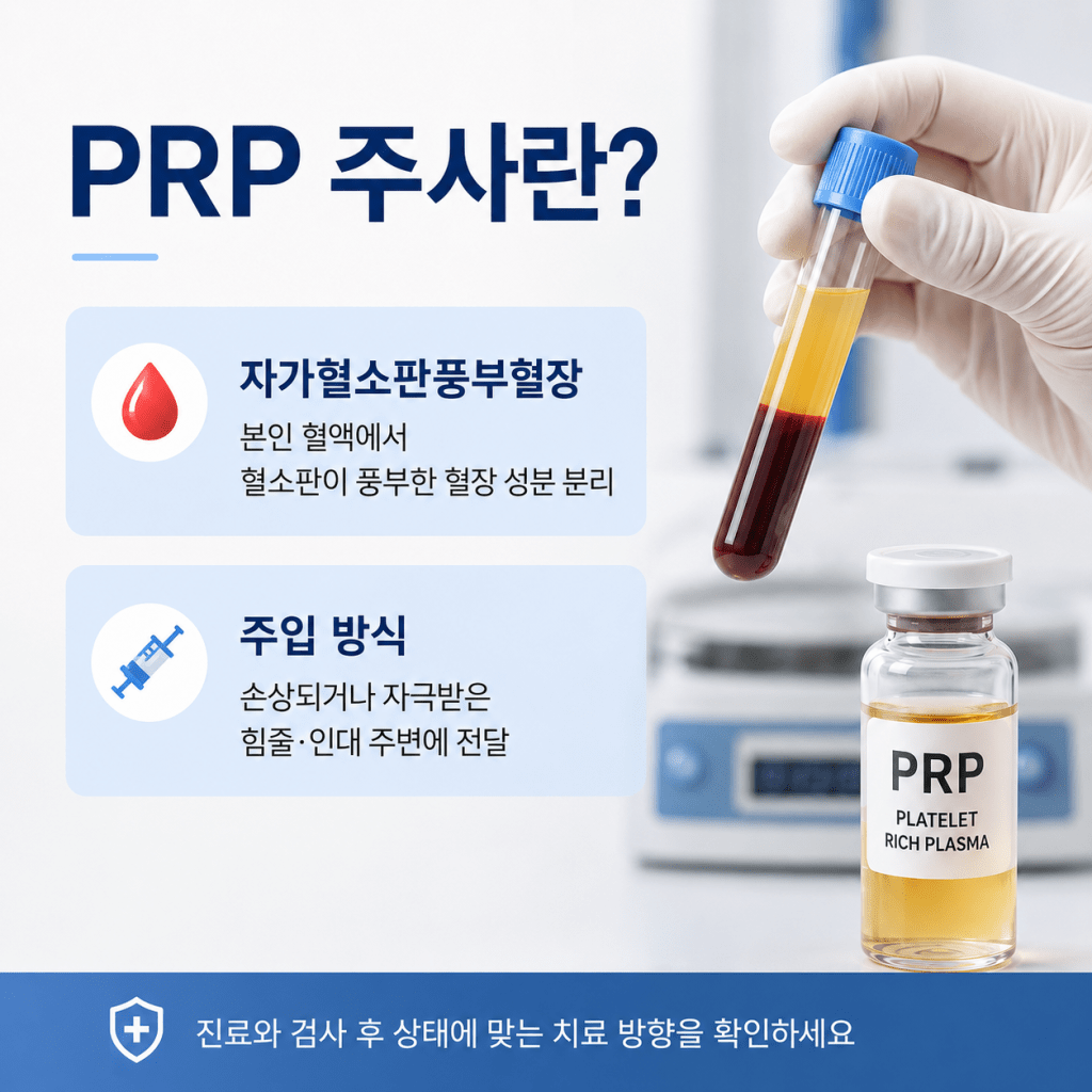 오래된 힘줄 통증과 석회성 변화로 PRP 주사를 고민하는 환자 상담 장면