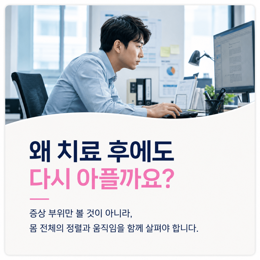 치료 후 다시 아픈 이유는 몸 전체의 정렬과 움직임을 함께 살펴야 한다는 이미지
