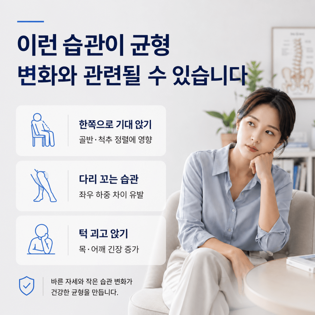 한쪽으로 기대 앉기 다리 꼬기 턱 괴기 습관이 몸의 균형 변화와 관련될 수 있음을 설명하는 이미지