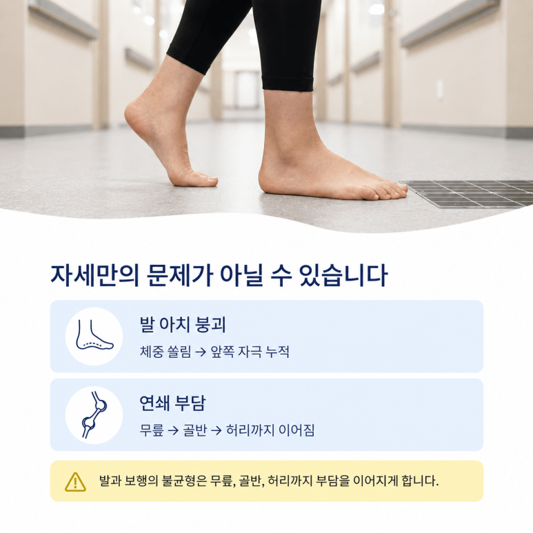  발의 지지와 하체 정렬이 무릎 앞쪽 통증에 미치는 영향을 설명하는 이미지