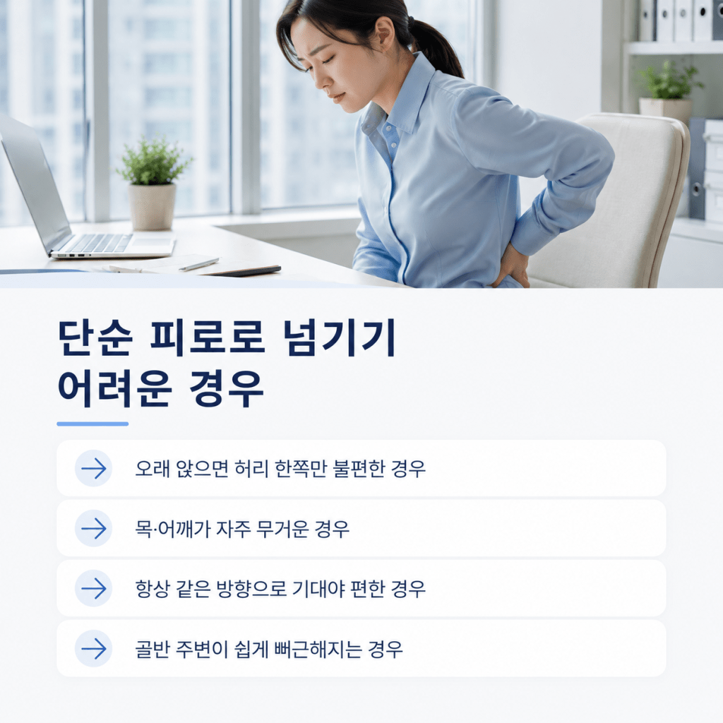 오래 앉을 때 허리 한쪽 불편감과 목 어깨 무거움이 반복될 수 있음을 설명하는 이미지