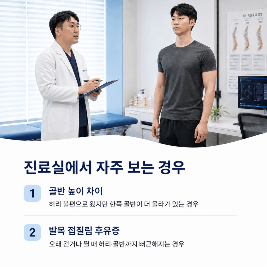 숭실대입구역 허리통증 진료에서 골반 높이 차이와 발목 통증을 함께 확인하는 모습