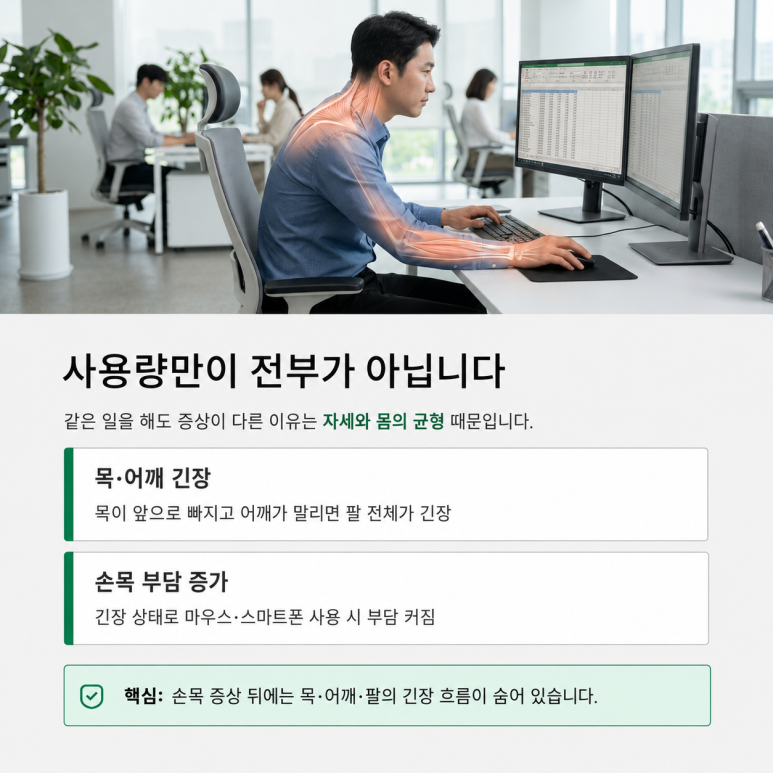 목 어깨 긴장과 자세 균형이 손목 부담에 영향을 주는 이미지