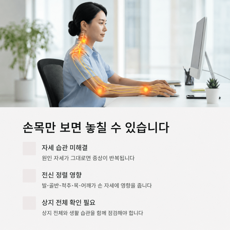 목 어깨 팔 손목의 긴장 흐름이 손목통증에 영향을 주는 이미지