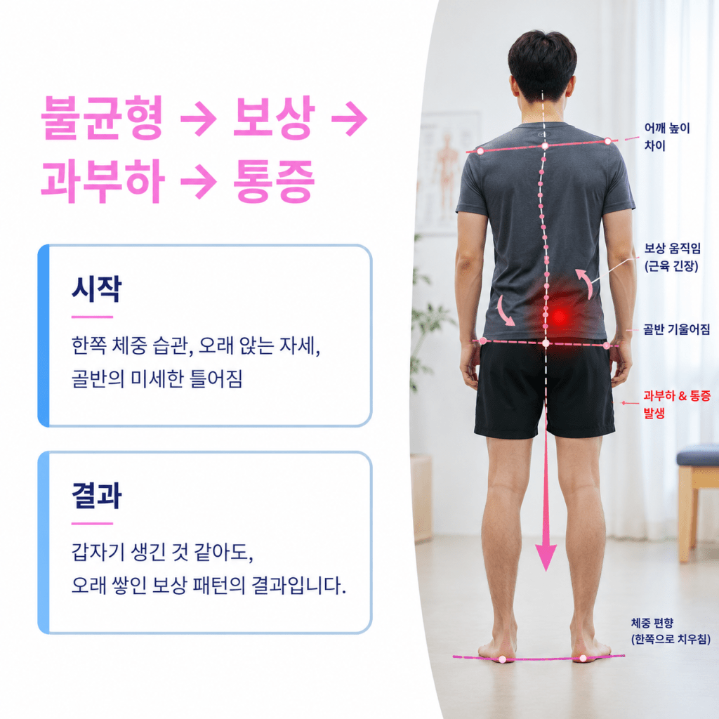 불균형 보상 과부하 통증으로 이어지는 체형 변화 설명 이미지