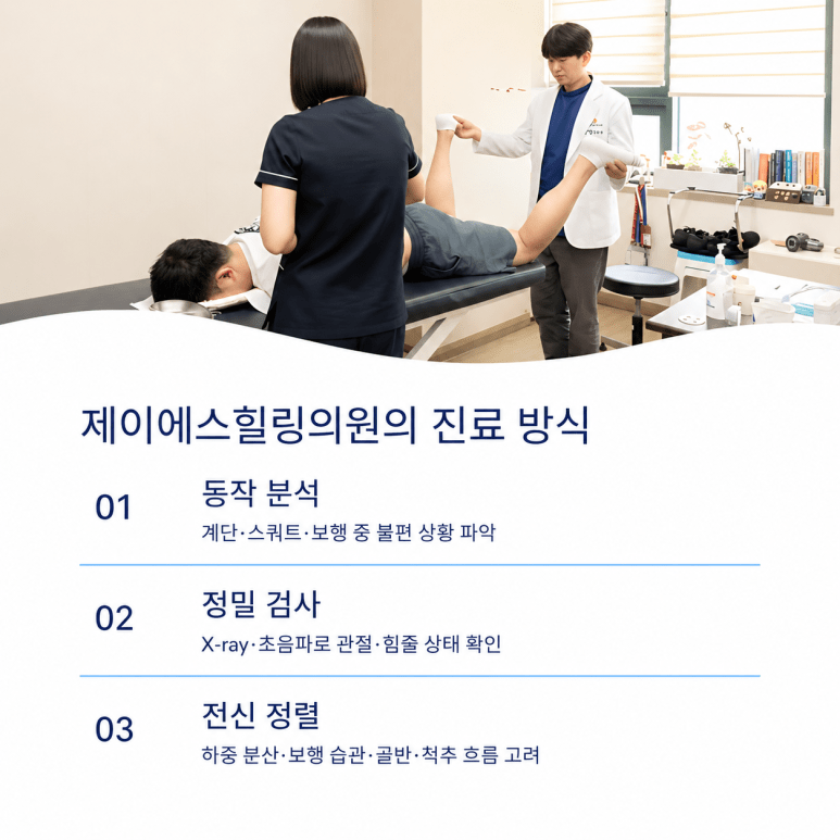제이에스힐링의원의 무릎 앞쪽 통증 진료 방식을 설명하는 이미지