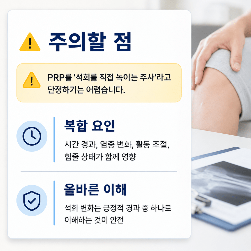 PRP 주사를 손목 석회를 직접 녹이는 치료로 단정하기 어렵다는 주의사항 안내