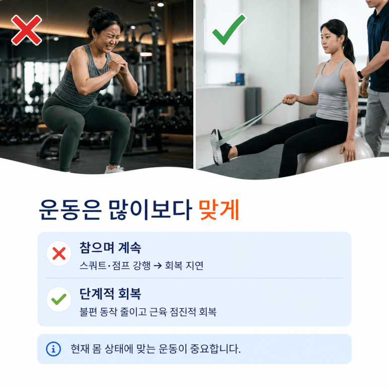 용문동 통증의학과 하체운동 후 무릎 앞쪽 통증과 단계적 회복 운동 안내