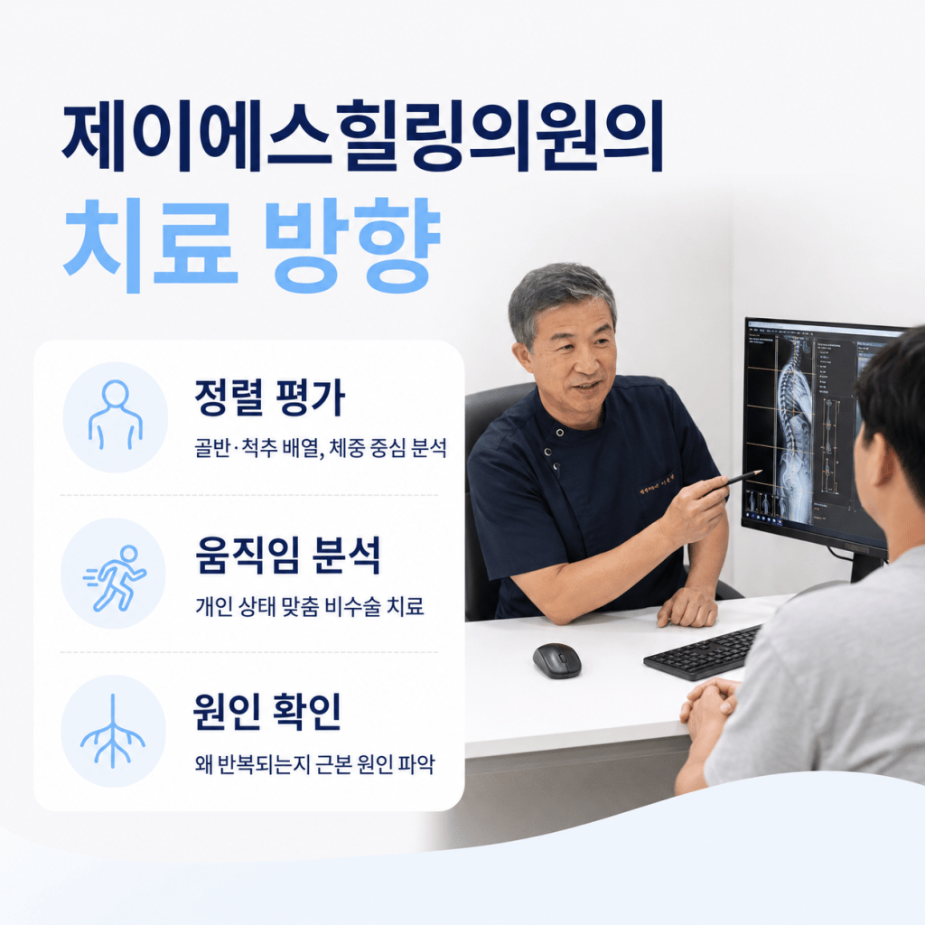 제이에스힐링의원 정렬 평가 움직임 분석 원인 확인 치료 방향 안내 이미지
