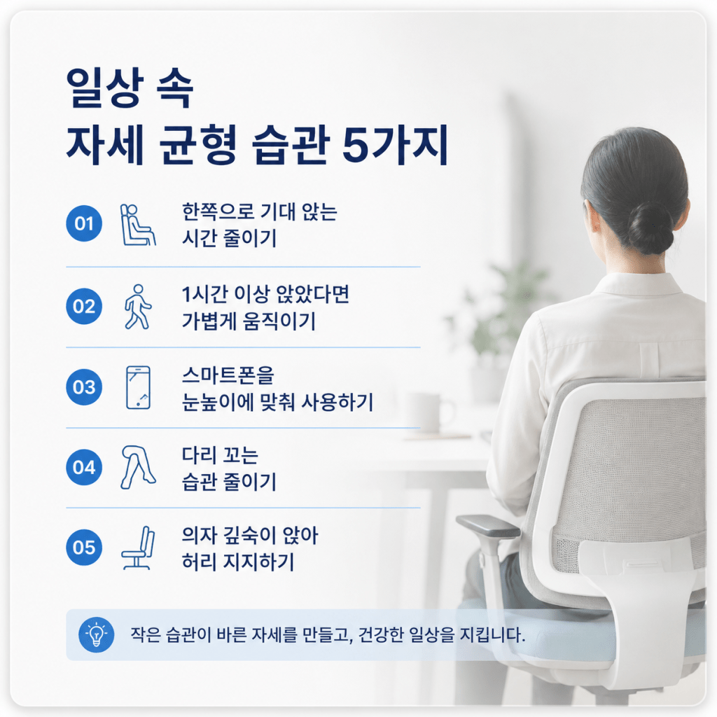 일상 속 자세 균형을 위해 한쪽으로 기대 앉는 습관과 다리 꼬기를 줄이는 방법 안내 이미지