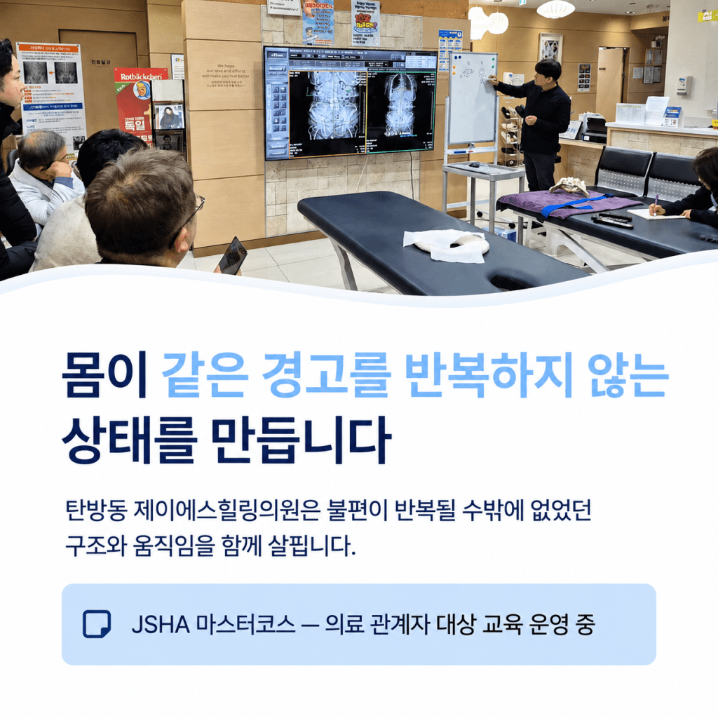 JSHA 마스터코스에서 몸의 정렬과 움직임 평가를 교육하는 모습
