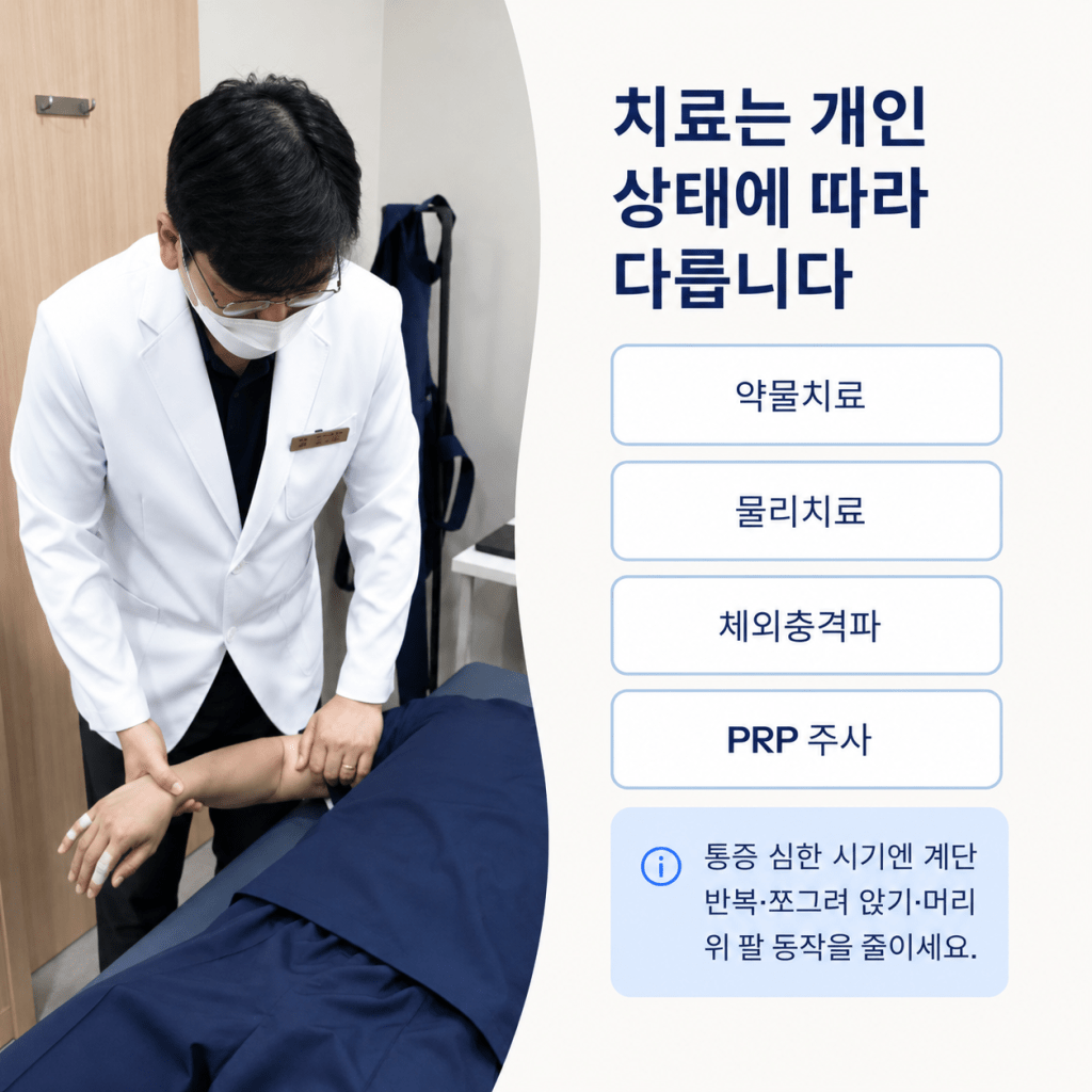 서울성모정형외과에서 개인 상태에 따라 PRP 주사와 치료 방법을 선택하는 진료 안내