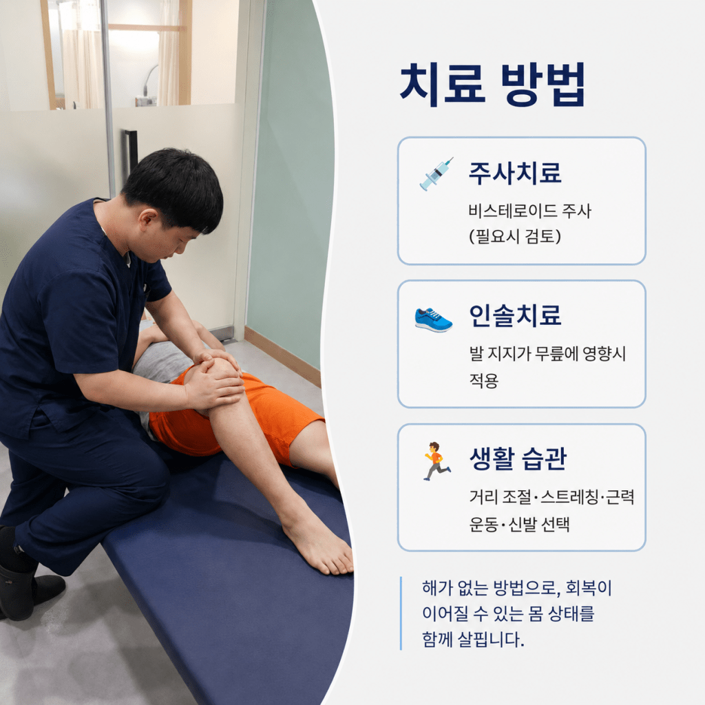 내일맑음재활의학과에서 러닝 후 무릎통증에 대해 비스테로이드 주사치료, 인솔치료, 생활 습관 관리를 함께 고려하는 치료 방법 이미지