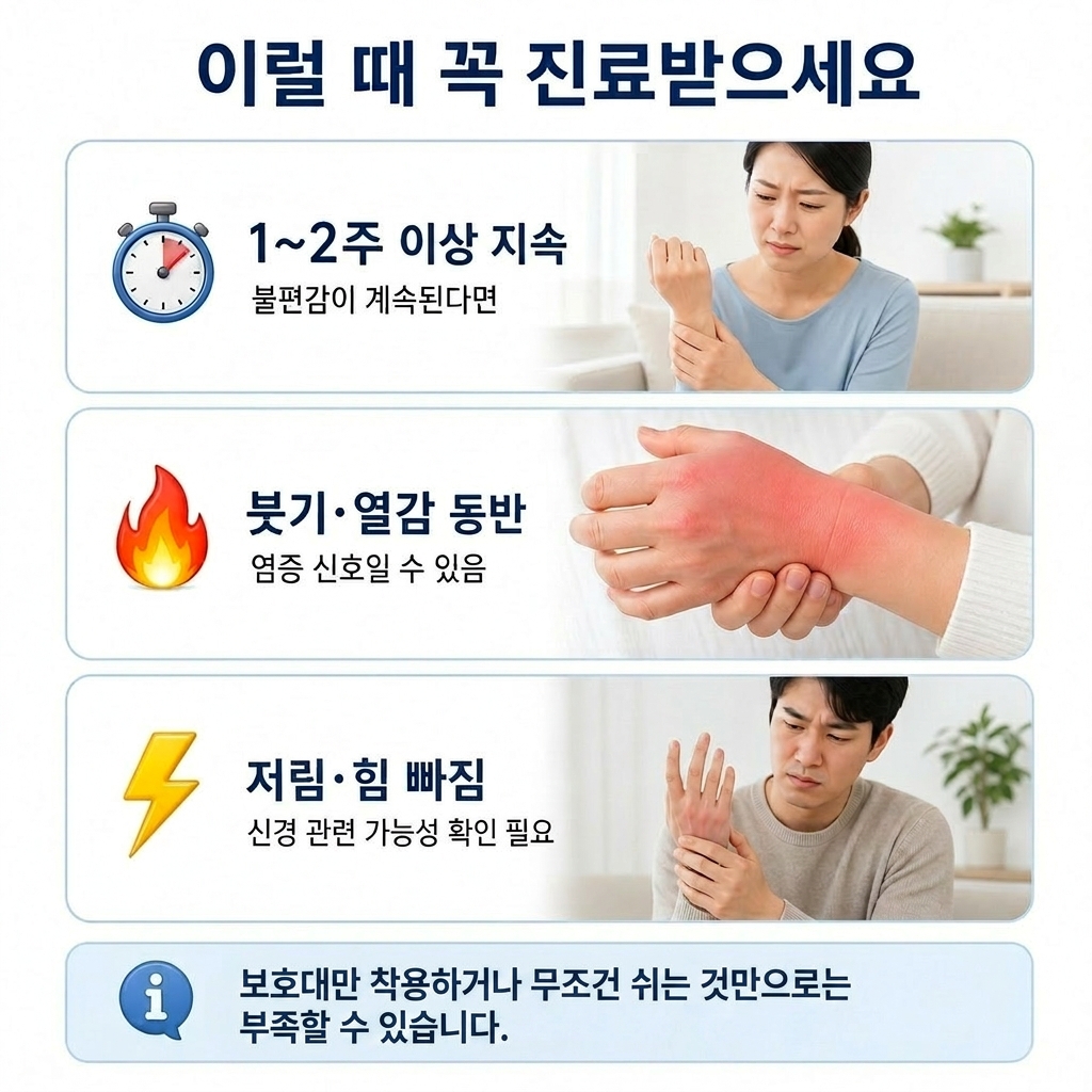 손목통증이 1~2주 이상 지속되거나 붓기 열감 저림 힘 빠짐이 있을 때 진료가 필요한 증상 안내