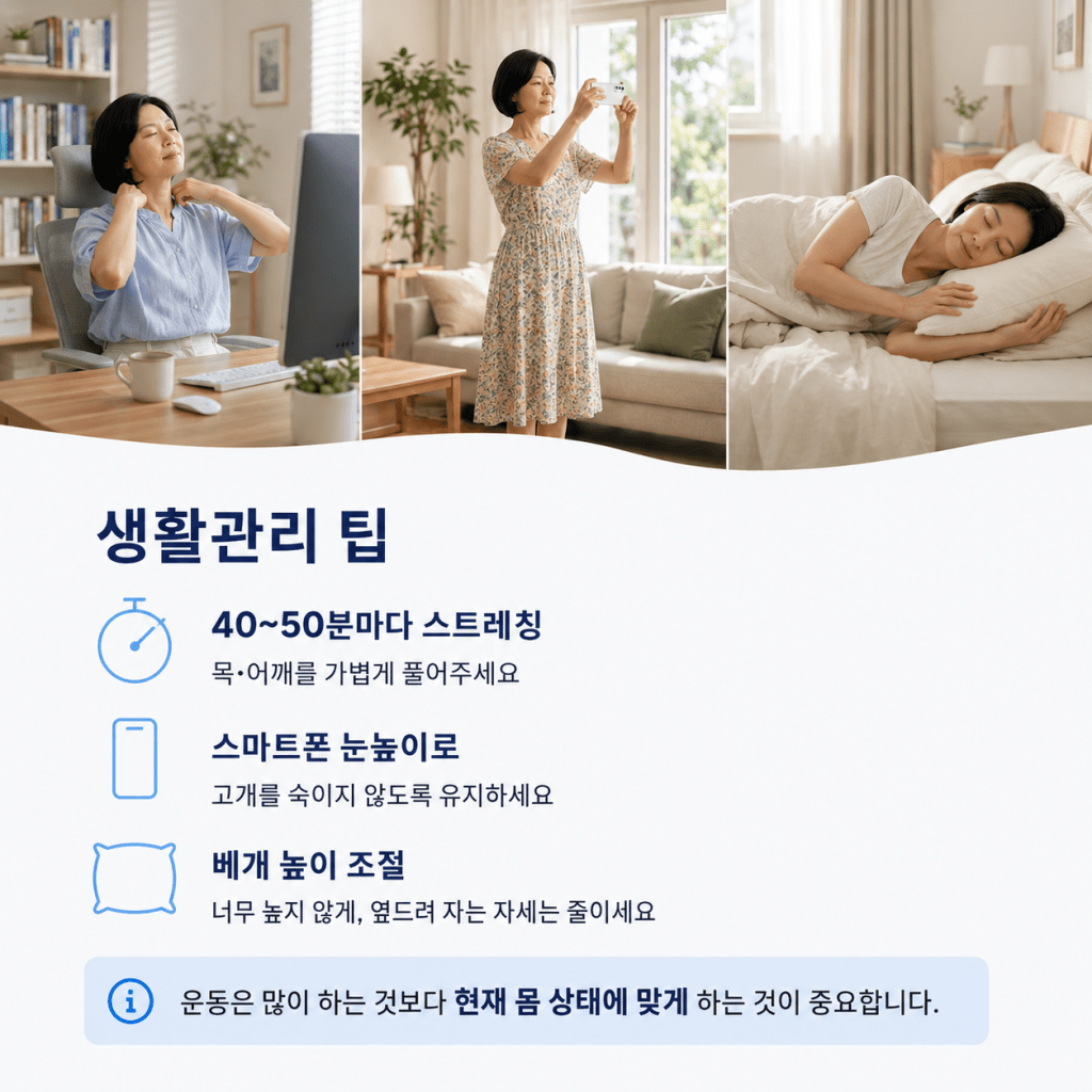 유성구 이용기재활의학과 반복되는 두통과 목·어깨 긴장 예방을 위한 스트레칭, 스마트폰 자세, 베개 높이 조절 안내 이미지