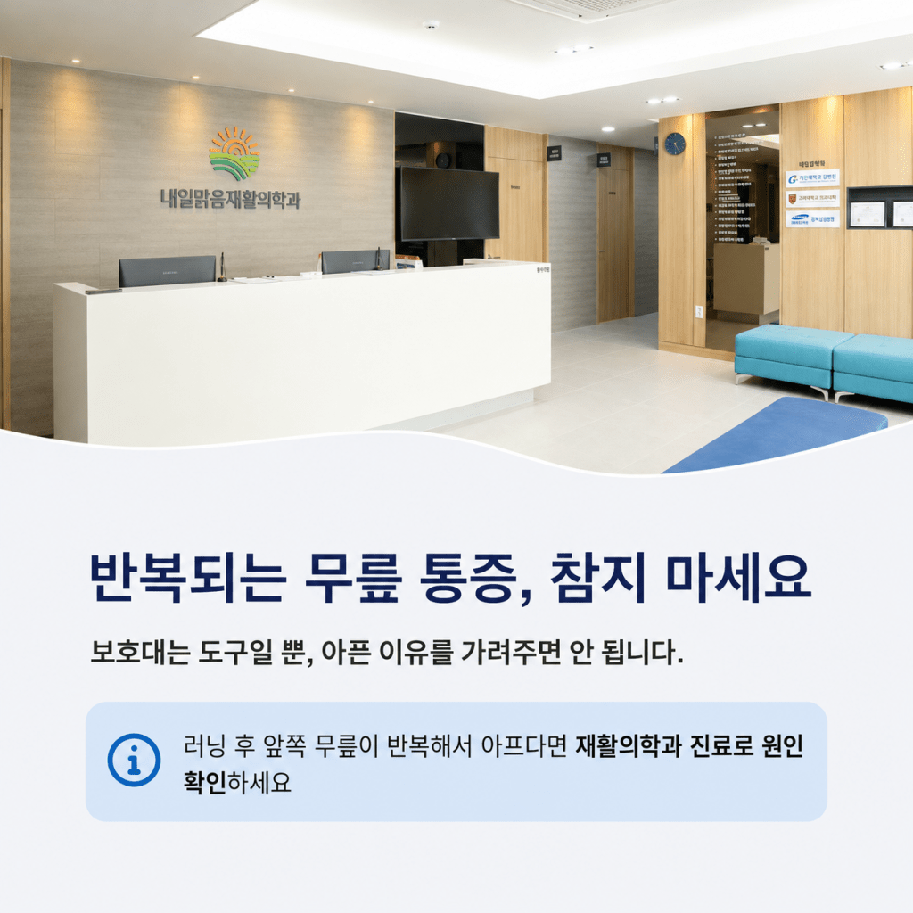 러닝 후 반복되는 앞쪽 무릎통증을 보호대에만 의존하지 말고 재활의학과 진료로 원인을 확인하라는 내일맑음재활의학과 안내 이미지