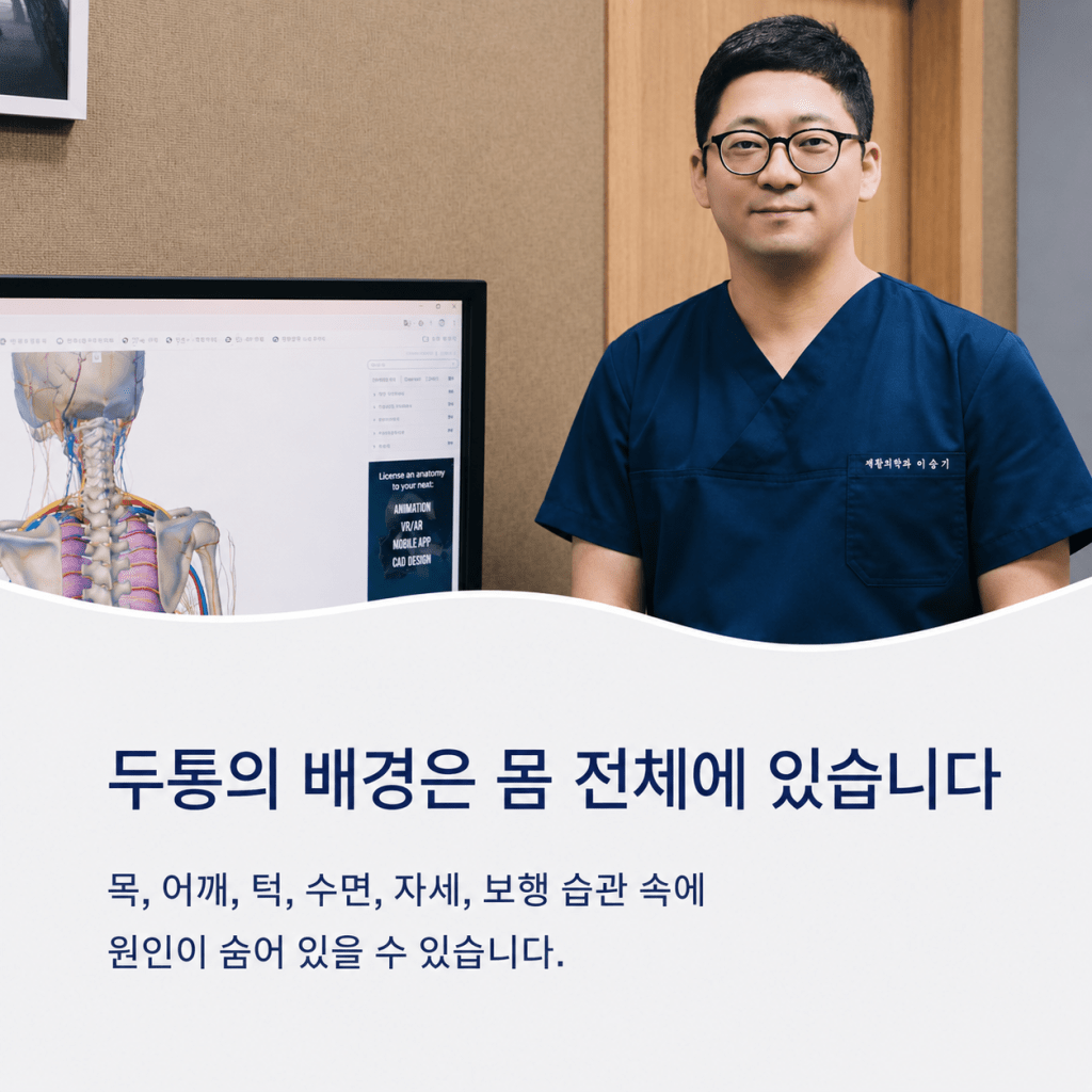 유성구 이용기재활의학과 반복되는 두통의 원인을 목·어깨·턱·수면·자세·보행 습관 등 몸 전체에서 확인하는 이미지