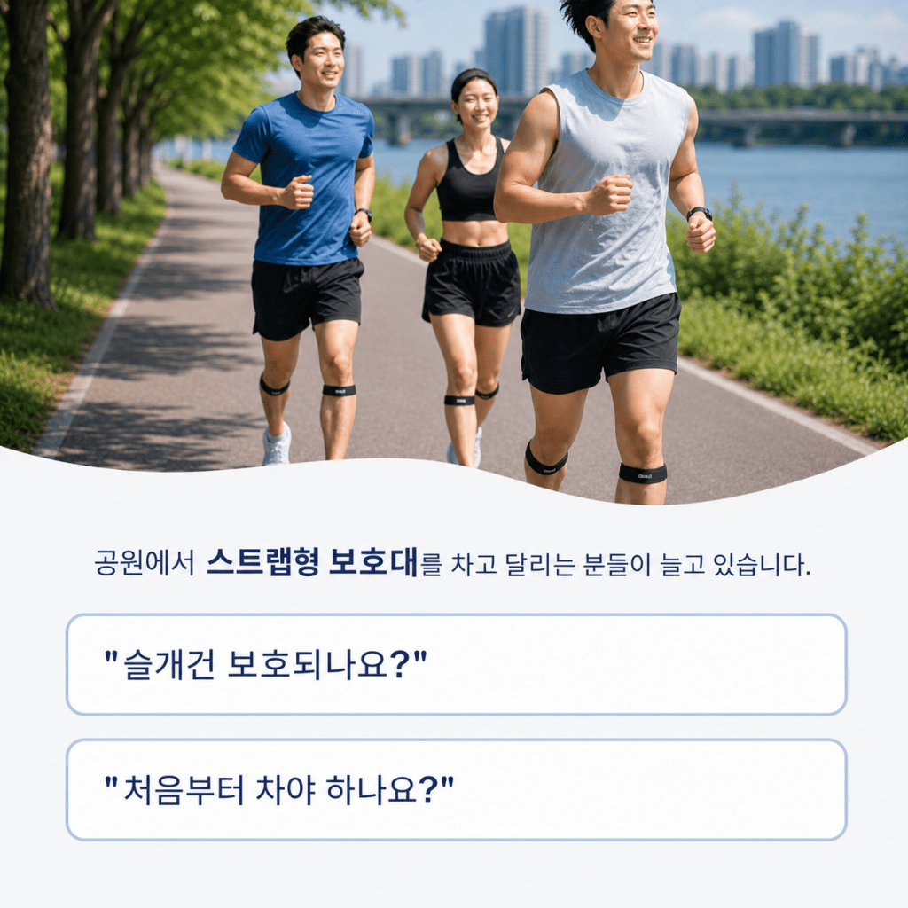 공원에서 스트랩형 무릎 보호대를 착용하고 달리는 사람들과 슬개건 보호 효과를 설명하는 내일맑음재활의학과 이미지