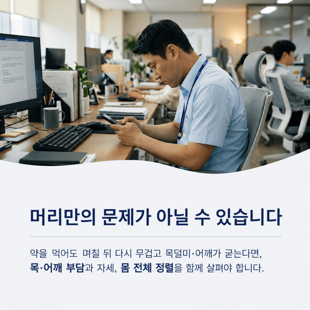 유성구 이용기재활의학과 반복되는 두통과 목·어깨 긴장, 자세 정렬의 연관성을 설명하는 이미지
