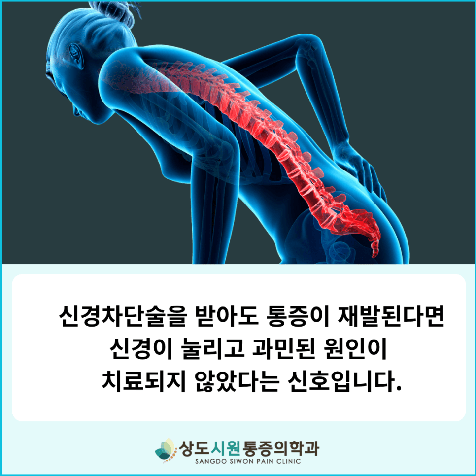신경차단술 후 허리통증이 재발되는 원인을 설명하는 상도시원마취통증의학과 척추 그래픽