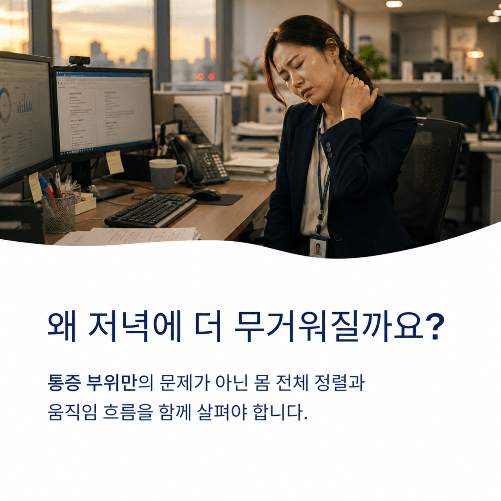 저녁에 목과 어깨가 무거워지는 직장인과 몸 전체 정렬 흐름 안내