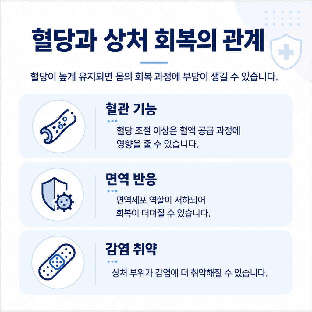 혈당이 높게 유지될 때 혈관 기능과 면역 반응이 저하되어 상처 회복이 더뎌질 수 있음을 설명하는 카드