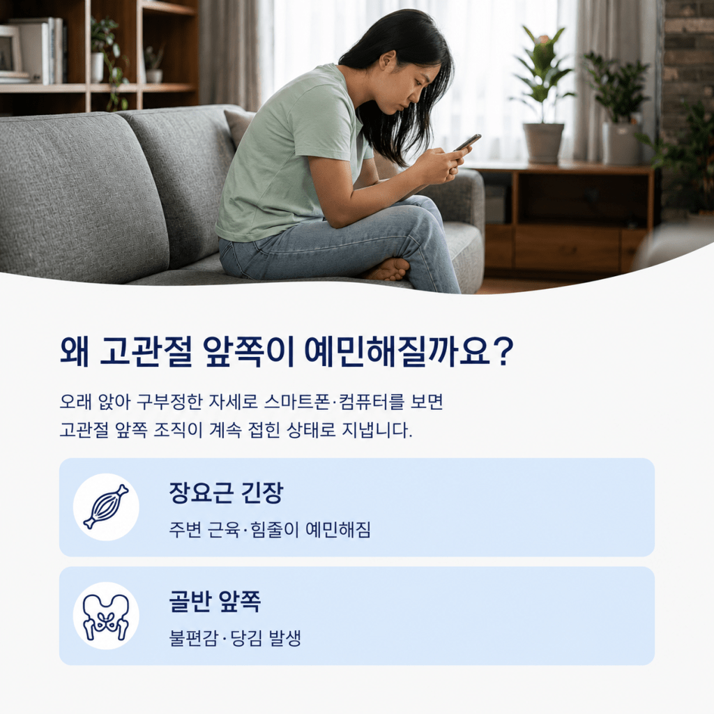 오래 앉은 자세로 인한 고관절 앞쪽과 장요근 긴장 설명