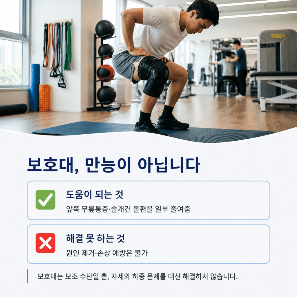 무릎 보호대는 러닝 후 앞쪽 무릎통증을 일부 줄이는 보조 수단일 뿐 원인을 해결하지 않는다는 설명 이미지