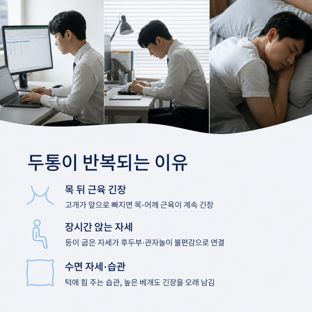 유성구 이용기재활의학과 반복되는 두통과 목 뒤 근육 긴장, 장시간 앉는 자세, 수면 습관의 연관성을 설명하는 이미지