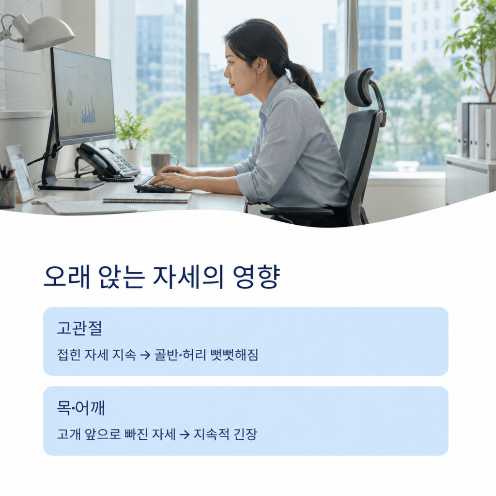 오래 앉는 자세로 인한 고관절 허리 골반 목 어깨 긴장 안내