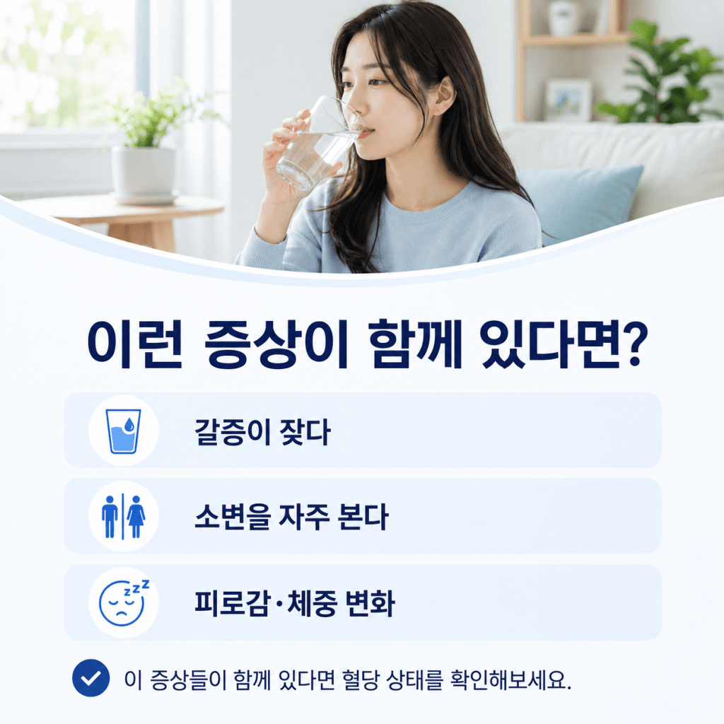 갈증 증가, 잦은 소변, 피로감과 체중 변화가 함께 있을 때 혈당 상태 확인을 안내하는 카드