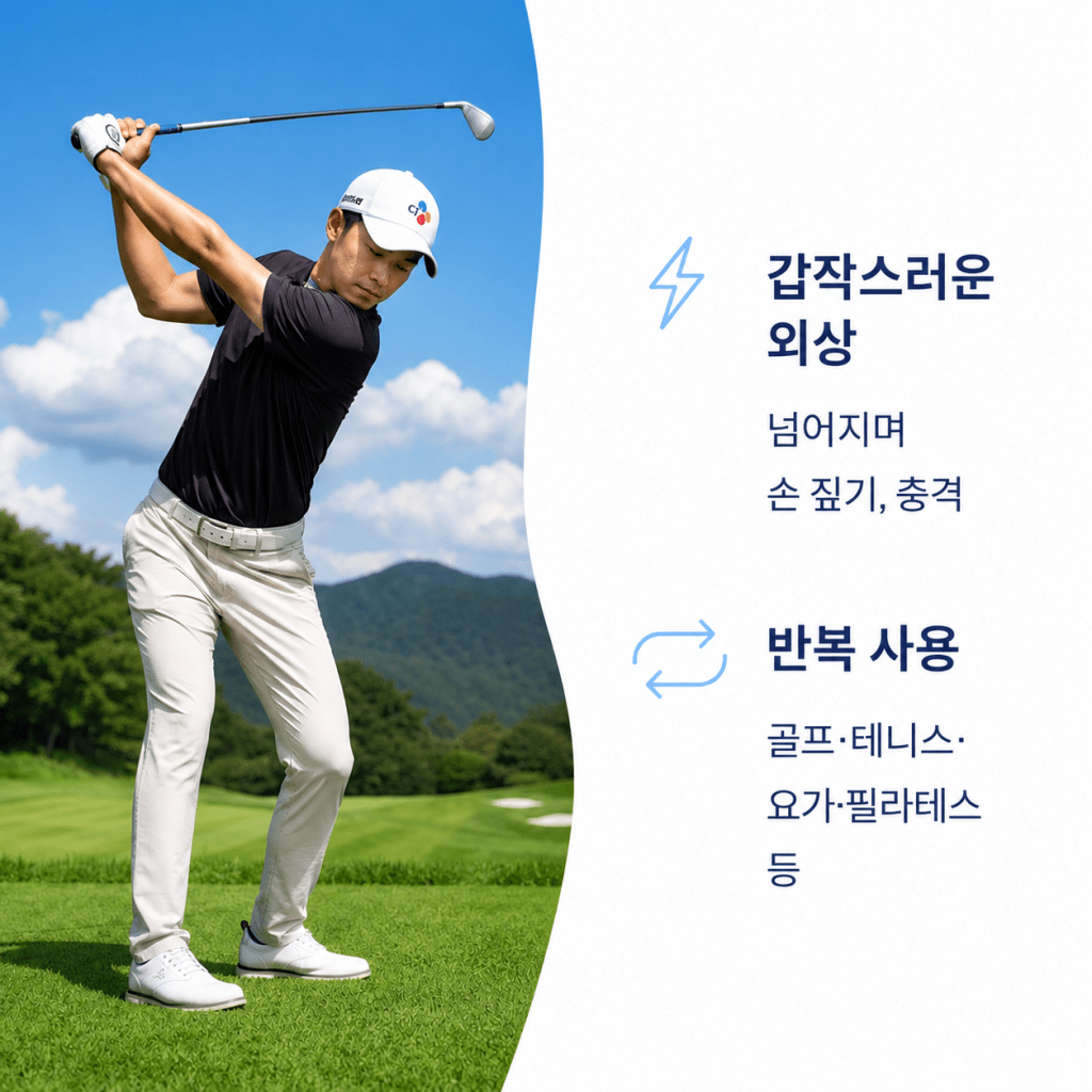 골프와 반복 운동으로 새끼손가락 쪽 손목통증이 생길 수 있는 원인 설명 이미지