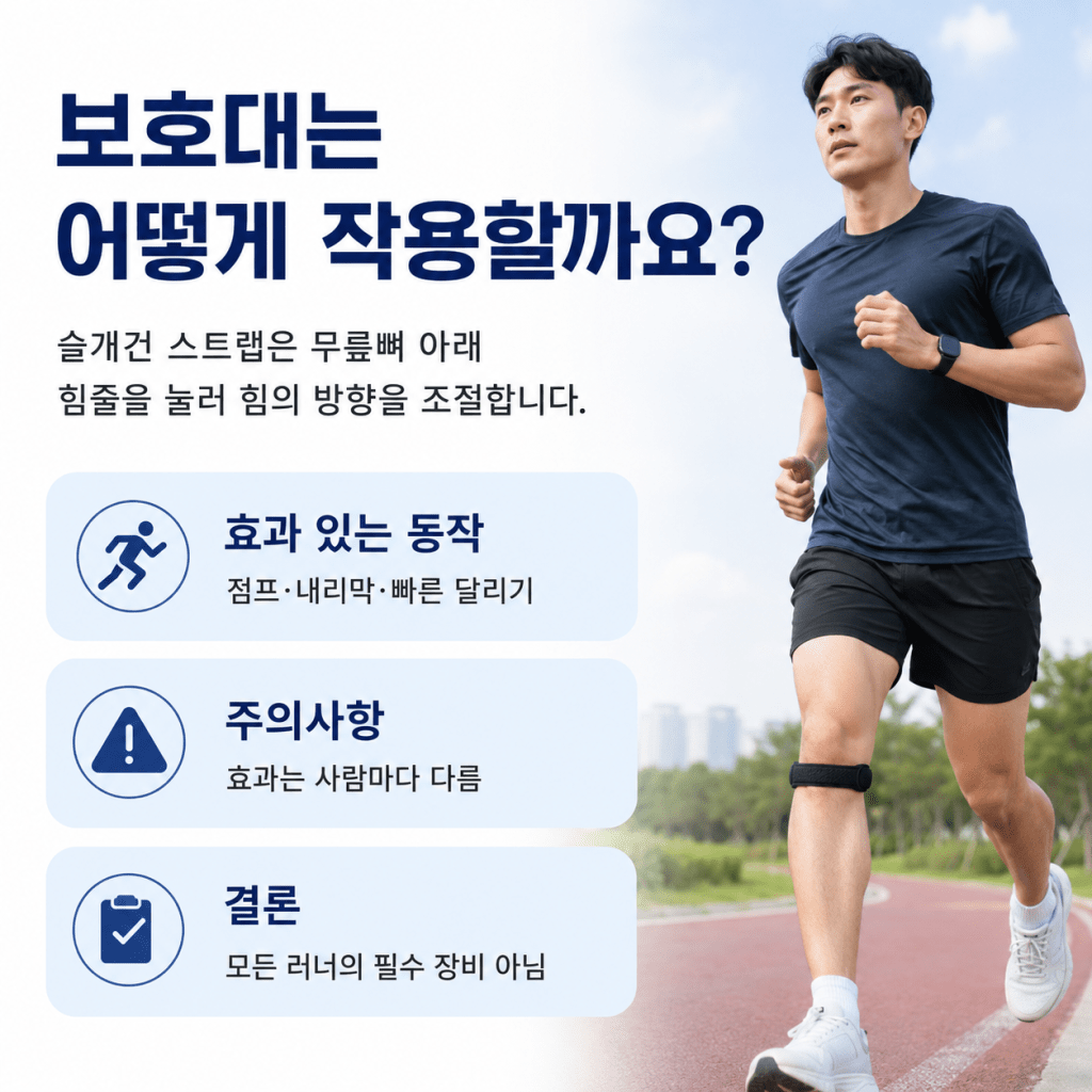슬개건 스트랩이 무릎뼈 아래 힘줄을 눌러 러닝 중 앞쪽 무릎 부담을 일부 줄이는 원리를 설명하는 이미지