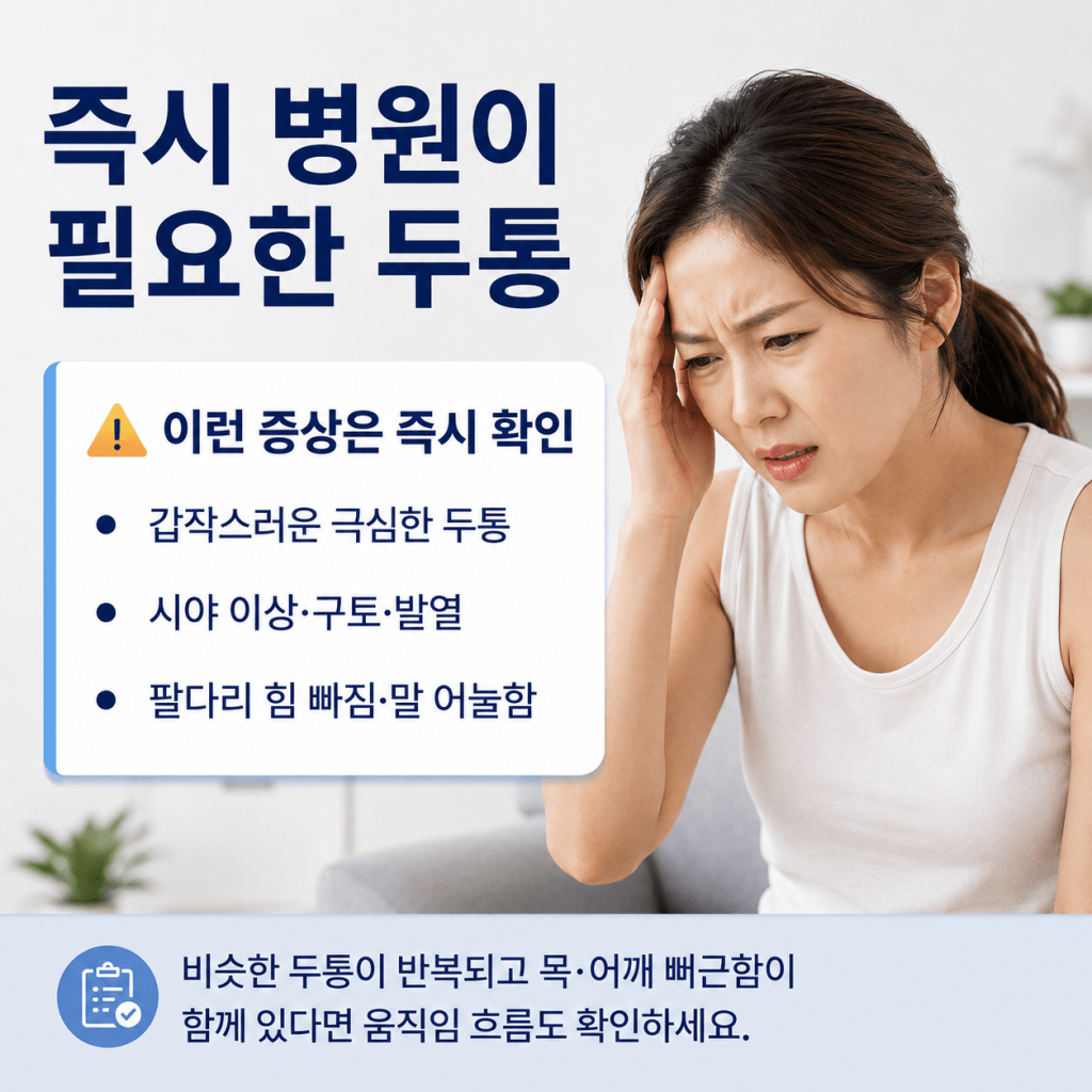 유성구 이용기재활의학과 즉시 확인이 필요한 두통 증상과 목·어깨 뻐근함 동반 여부를 설명하는 이미지