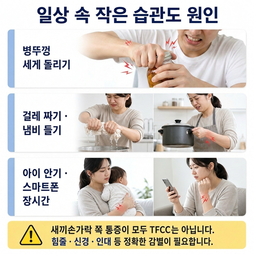 병뚜껑 돌리기와 걸레 짜기 등 일상 습관으로 반복되는 새끼손가락 쪽 손목통증 원인