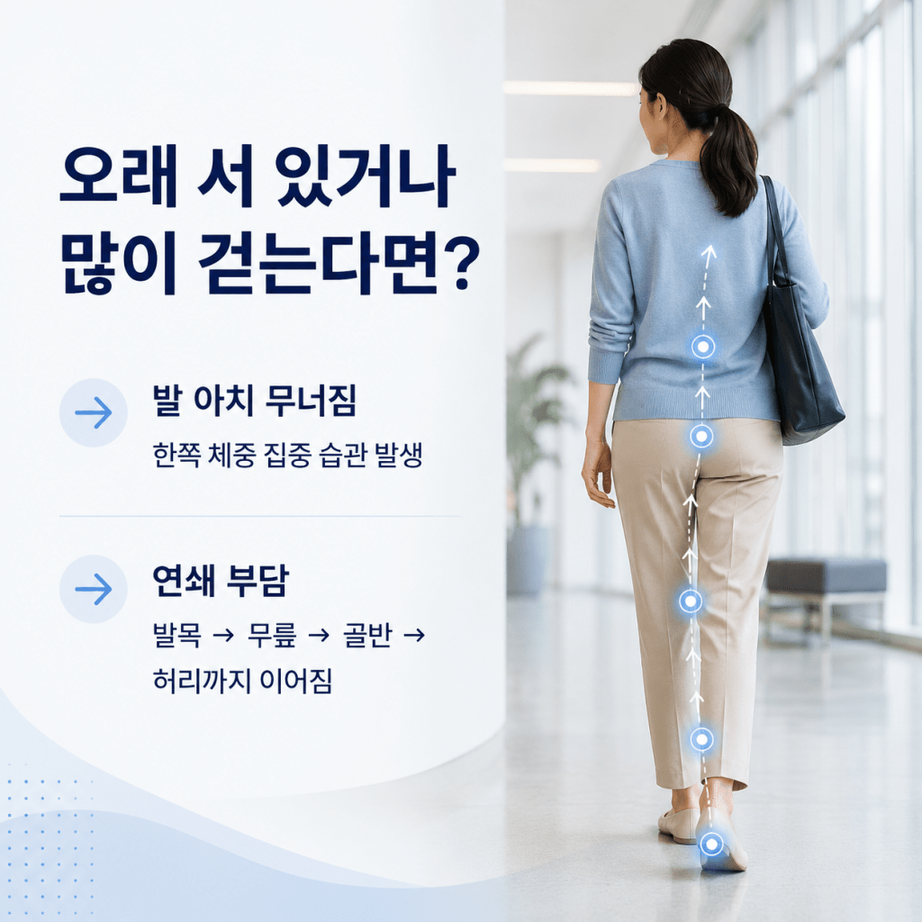 오래 서 있거나 많이 걸을 때 발 아치 무너짐과 발목 무릎 골반 허리 연쇄 부담 안내