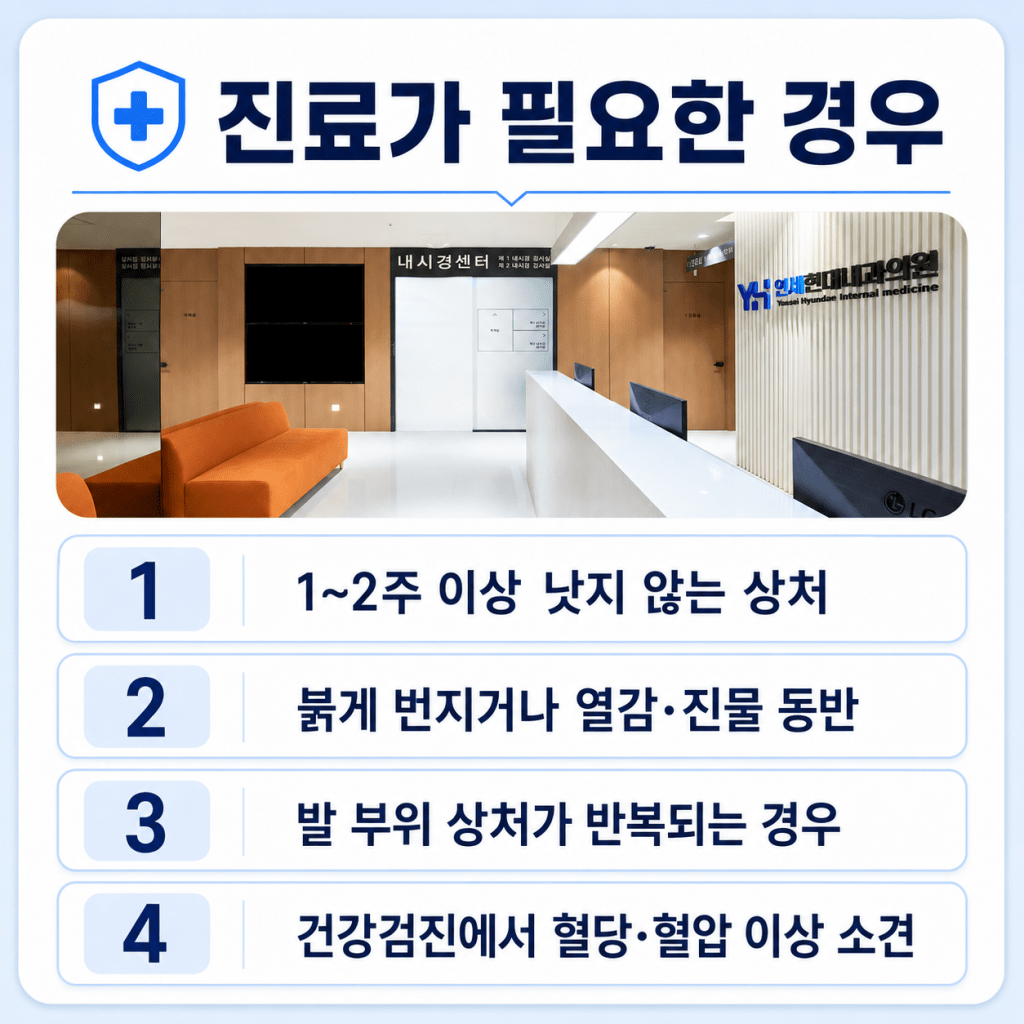 상처가 1~2주 이상 낫지 않거나 붉게 번질 때 내과 진료와 건강검진이 필요한 경우