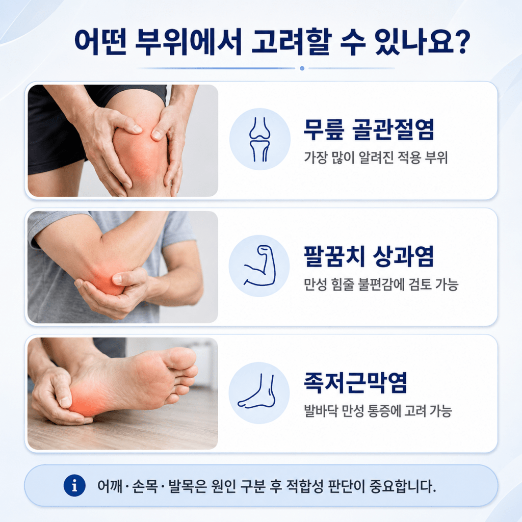 서귀포 강남마디척의원 PRP 주사 무릎 골관절염 팔꿈치 상과염 족저근막염 적용 부위 안내