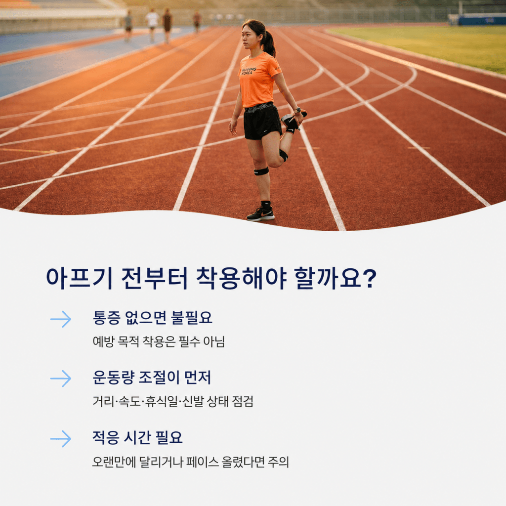 무릎 통증이 없을 때 보호대를 예방 목적으로 착용하기보다 러닝 거리와 속도, 휴식일을 먼저 조절해야 한다는 설명 이미지
캡션을 넣는다면