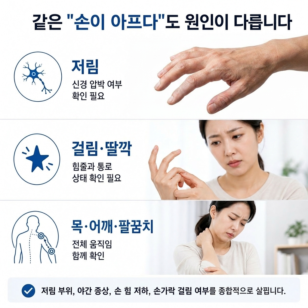 사월동 통증의학과 손저림 손가락 걸림 목 어깨 팔꿈치 원인 구분 안내