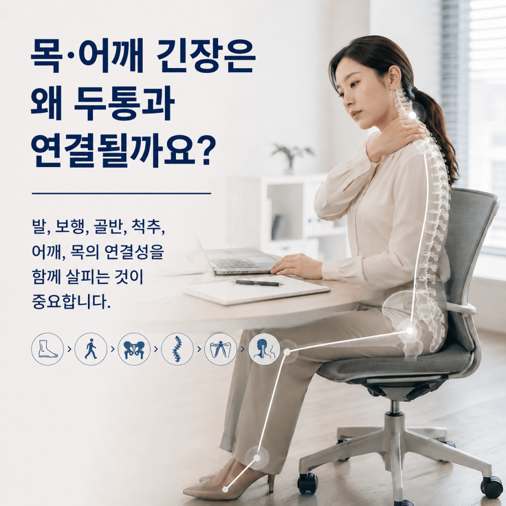 유성구 이용기재활의학과 목·어깨 긴장과 두통이 발, 보행, 골반, 척추 정렬과 연결될 수 있음을 설명하는 이미지