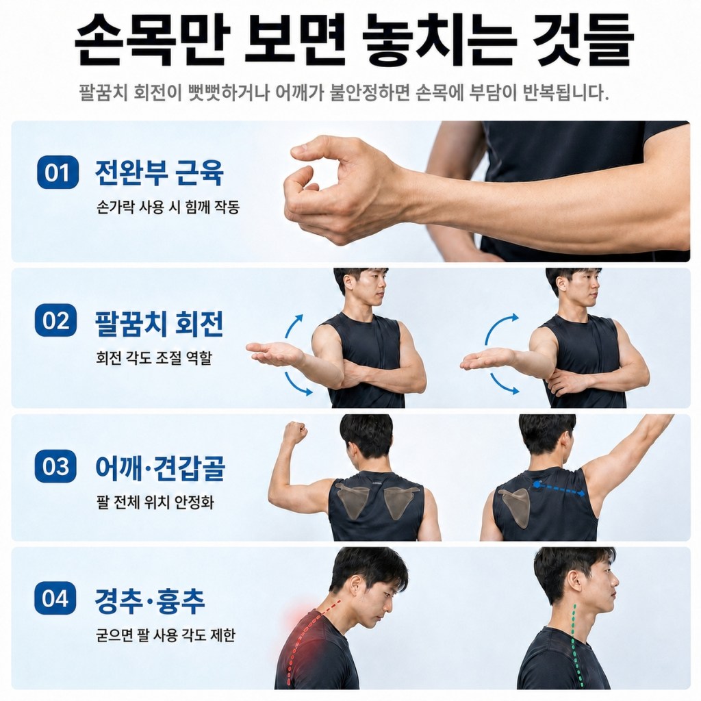 전완부 근육 팔꿈치 회전 어깨 견갑골 경추 흉추 움직임이 손목통증에 미치는 영향 설명 이미지