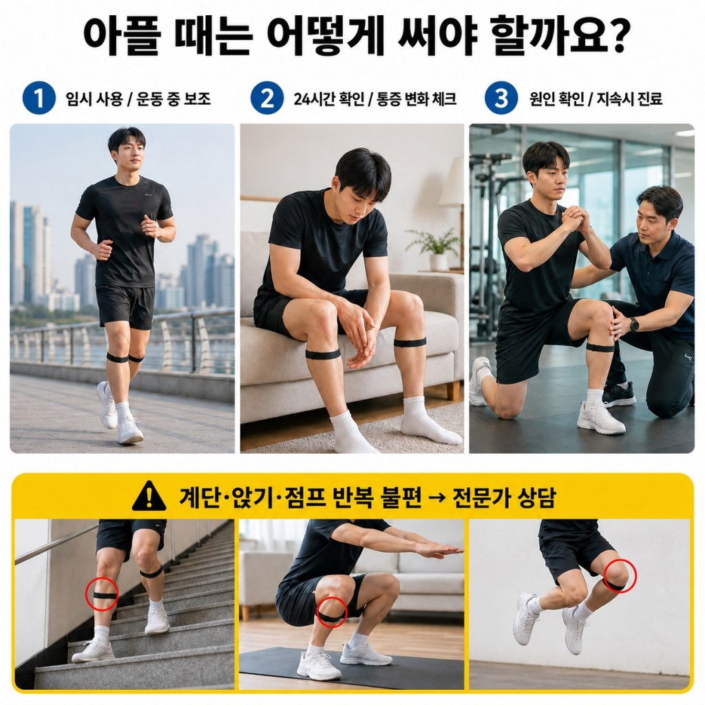 무릎이 아플 때 보호대를 임시로 사용하고 24시간 통증 변화를 확인한 뒤 반복 통증 시 진료가 필요하다는 설명 이미지
