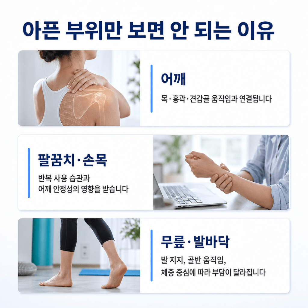 서귀포 강남마디척의원 PRP 주사 전 아픈 부위와 연결된 움직임 평가 안내