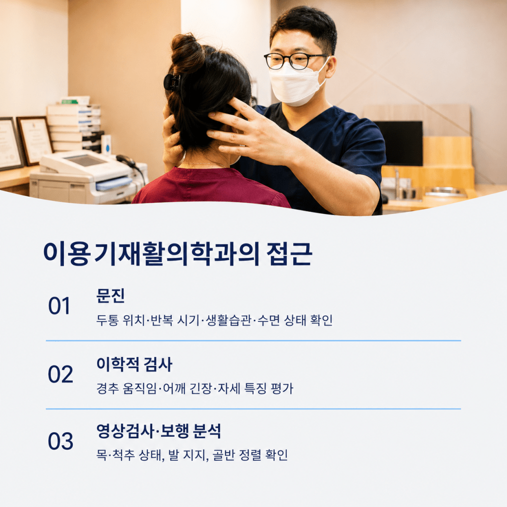 유성구 이용기재활의학과 반복되는 두통에 대한 문진, 이학적 검사, 영상검사와 보행 분석 접근을 설명하는 이미지